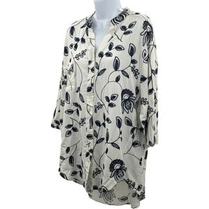 Mermaid Fashion Womens White Navy Blue Floral Embroidered Roll Tab Tunic Shirt M